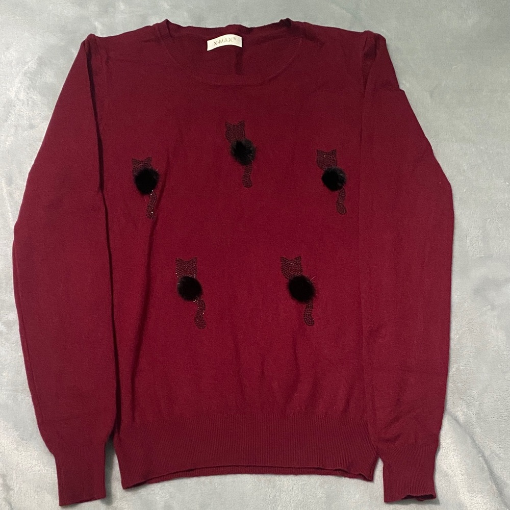 Burgundy Crewneck Sweater with Cats